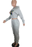 Light Gray Casual Print Lips Printed Hooded Collar Long Sleeve Two Pieces