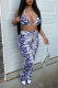 Blue Fashion Sexy Print Backless Halter Sleeveless Two Pieces