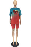 Blue Red Casual Gradual Change Lips Printed Patchwork O Neck Short Sleeve Two Pieces