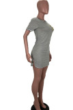 Grey Fashion Casual Black Grey Green Dark Blue Cap Sleeve Short Sleeves O neck Step Skirt Knee-Length Solid Dresses