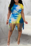 Blue Fashion Print Tie Dye Tassel O Neck Short Sleeve Two Pieces