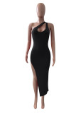 Grey Fashion Sexy Solid Hollowed Out Slit One Shoulder Sleeveless Dress Dresses