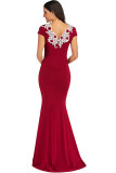 Red Sexy Cap Sleeve Short Sleeves V Neck Step Skirt Floor-Length Solid Print