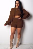 Brown Wool Europe and America Solid Two Piece Suits pencil Long Sleeve Two-Piece Short Set