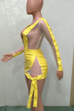 Yellow Sexy Solid Mesh V Neck Irregular Dress Dresses