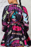 Black Sexy Print Frenulum Fold With Belt V Neck Long Sleeve Knee Length A Line Dresses