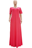 Black Fashion Casual Red Black Khaki Yellow Sky Blue Lake Blue Cap Sleeve Short Sleeves V Neck Swagger Floor-Length Solid Dresses