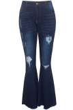 Dark Blue Denim Zipper Fly Button Fly High Pocket washing Hole Solid Zippered Boot Cut Pants 