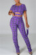 Purple Fashion Casual Plaid Print Hollowed Out O Neck Short Sleeve Two Pieces