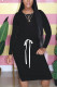Black Fashion Casual Adult Solid Patchwork Draw String O Neck Long Sleeve Knee Length T-shirt Dress Dresses