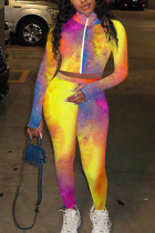 Yellow And Blue Sexy Print Patchwork O Neck Long Sleeve Two Pieces