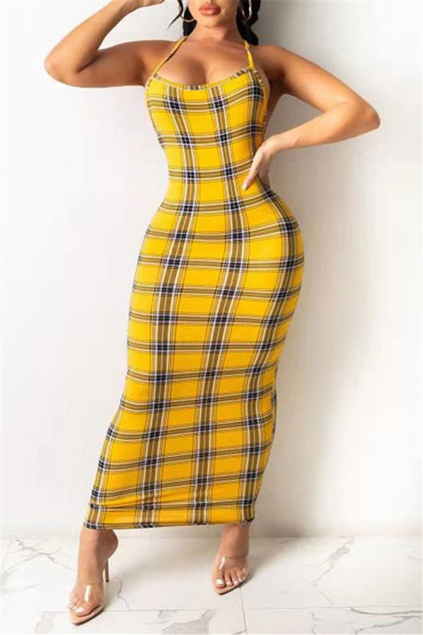 Gold Fashion Sexy Print Backless Spaghetti Strap Sleeveless Dress