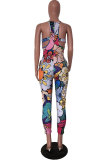 Black Fashion street Print Patchwork Hollow Sleeveless Slip Jumpsuits