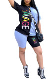 Blue Fashion Europe and America Patchwork Print Two Piece Suits pencil Short Sleeve Two Pieces