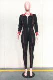 Black Sexy Fashion Patchwork Solid zipper Acetyl fiber Long Sleeve Turndown Collar Jumpsuits