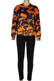 Orange Work Daily Print Leopard O Neck Mid Waist Tops