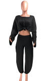 Black Casual Solid Split crop top Loose Long Sleeve Two Pieces