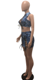 Blue Sexy Print Patchwork Mandarin Collar Sleeveless Two Pieces