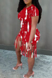 Red Fashion Casual Print Tassel O Neck Short Sleeve Two Pieces