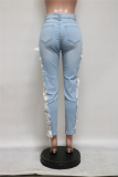 Blue Casual Solid Lace Mid Waist Skinny Denim Jeans