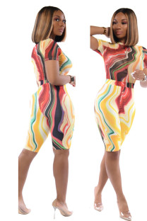 Red and yellow Casual Patchwork Print Gradient contrast color pencil Short Sleeve Two Pieces
