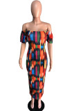 colour England Off The Shoulder Short Sleeves One word collar Pencil Dress Ankle-Length Print backless Dresses