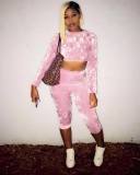 Pink Elastic Fly Mid Solid pencil Capris Two-piece suit