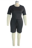 Black Fashion Casual Solid Basic O Neck Plus Size Two Pieces