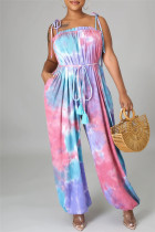 Pink Sexy Casual Print Tie Dye Strap Design Spaghetti Strap Regular Jumpsuits