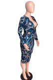 Navy Blue Sexy England Long Sleeves V Neck Step Skirt Knee-Length Print Dresses