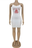 White Sexy Casual Print Backless Spaghetti Strap Sleeveless Dress