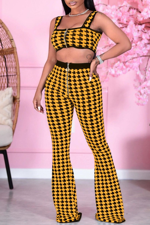 Yellow Fashion Casual Print Vests Pants Square Collar Sleeveless Two Pieces