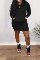 Black Street Solid Draw String Hooded Collar Wrapped Skirt Dresses