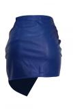 Royal blue PU Elastic Fly Sleeveless Mid Patchwork Asymmetrical Hip skirt shorts 