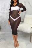 Pink Sexy Solid Mesh V Neck Pencil Skirt Dresses