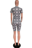 Black Fashion Casual Print Basic O Neck Short Sleeve Two Pieces