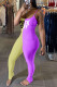 Yellow Purple Fashion Sexy Letter Print Patchwork Backless Fold O Neck Skinny Jumpsuits