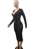 Black Sexy Europe and America Long Sleeves V Neck Princess Dress Mid-Calf lace Dresses