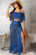 Blue Sexy Fashion tassel HOLLOWED OUT Solid perspective Patchwork A-line skirt Short Sleeve Tw