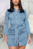 Light Blue Sexy Solid Patchwork Turndown Collar Pencil Skirt Dresses