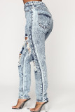 Grey Denim Zipper Fly Button Fly Mid washing Hole Zippered Pocket Skinny Pants Pants