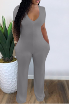 Grey Casual Solid Patchwork V Neck Skinny Jumpsuits