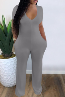 Grey Casual Solid Patchwork V Neck Skinny Jumpsuits