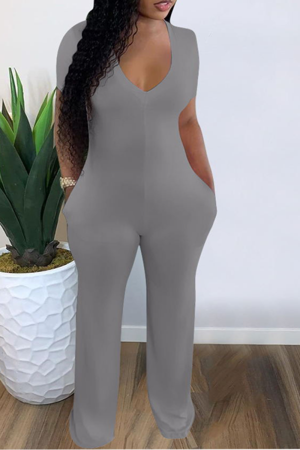 Grey Casual Solid Patchwork V Neck Skinny Jumpsuits