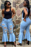 Light Blue Denim Bib pants Sleeveless Mid Patchwork Solid Hole Old Boot Cut Pants Bottoms