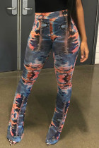 Red Yellow Elastic Fly Mid Gradient Boot Cut Bottoms