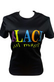 White Chemical fiber blend O Neck Short Sleeve Letter Print Character Solid Tops