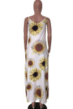 White Fashion Street White Brown Yellow Spaghetti Strap Sleeveless V Neck Pencil Dress Floor-Length Print Floral Animal Dresses