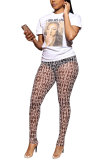 White Fashion Sexy adult Letter Patchwork Print Two Piece Suits pencil Short Sleeve Two Pieces