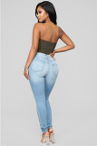 Blue Denim Button Fly Sleeveless Mid Patchwork Solid pencil Pants Pants